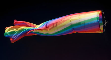 A vibrant rainbow-colored windsock, representing the LGBTQ+ pride flag, billows gracefully in the wind against a solid black background. The image captures a sense of freedom, movement, diversity, and celebration.の素材