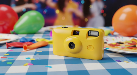 A bright yellow disposable camera sits on a blue and white checkered tablecloth, surrounded by colorful confetti, balloons, and slices of pizza. In the blurred background, people are dancing at a party, evoking a sense of nostalgia, celebration, and fun.の素材