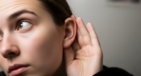 A close-up shot of a young woman with her hand cupped behind her ear, trying to listen to something carefully. Her expression is focused and curious, highlighting the sense of hearing. The image conveys concepts of listening, gossip, secrets, and attentiveness.の素材