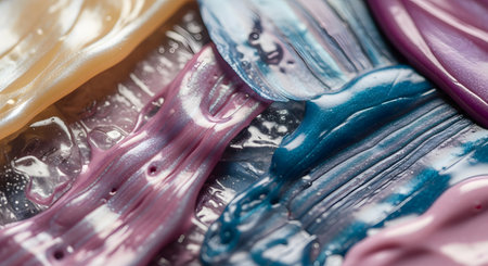 A vibrant, abstract macro photograph of thick, shimmery liquids swirled together, resembling metallic paint or slime. The viscous texture shows strokes and peaks in shades of purple, blue, gold, and pink, creating a glossy and dynamic background.の素材