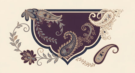 An intricate and elegant vector illustration featuring a classic paisley pattern. The design includes floral and leaf motifs in a sophisticated color palette of purple, blue, and beige, arranged around a central shield shape. This type of ornament is often used in textile design, wallpaper, and traditional decorative arts.の素材