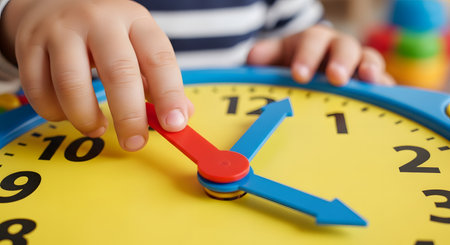 A close-up of a child's hand moving the red hour-hand on a colorful yellow and blue toy clock. The child is learning to tell time, with the blue minute-hand pointing to the three.の素材