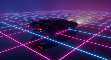 A black futuristic sports car, reminiscent of 1980s designs, is parked on a digital grid plain. The grid glows with neon pink and blue lines extending into the horizon, creating a retro-futuristic, synthwave, or outrun aesthetic.の素材