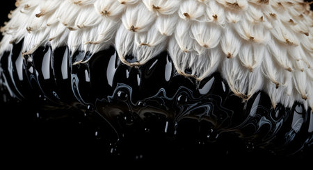 An extreme macro photograph captures the texture of a shaggy ink cap mushroom (Coprinus comatus) as it deliquesces. The white, feathery scales on the cap contrast with the thick, black, gooey ink that is dripping from its gills.の素材