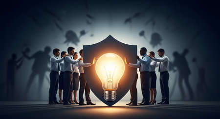 A conceptual image of a diverse team of business professionals holding up a large shield to protect a glowing lightbulb. This represents protecting a new idea, intellectual property, or innovation from threats, which are symbolized by shadowy figures in the background.の素材