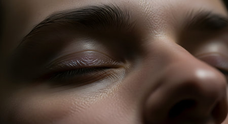 An extreme macro close-up of a person's closed eye, showing the delicate skin of the eyelid, eyelashes, and the eyebrow. The image conveys peace, rest, sleep, or meditation.の素材