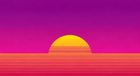 A minimalist digital artwork depicting a sunset in a retro 1980s synthwave or outrun style. A yellow sun sets over a grid of horizontal lines against a vibrant pink and purple gradient sky. The style is nostalgic and futuristic.の素材