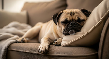 A cute fawn-colored pug dog sleeping deeply on a comfortable brown sofa, its head resting on a pillow. The sleepy pet is blowing a small saliva bubble as it dreams, creating a cozy and amusing domestic scene.の素材