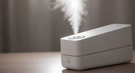 A modern, white air humidifier sits on a wooden table, emitting a visible plume of cool mist. The appliance is designed for improving air quality and humidity in a home or office.の素材