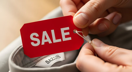 A close-up of a person's hands attaching a bright red 'SALE' tag to the collar of a grey shirt. This action signifies a discount, promotion, or clearance event in a retail clothing store.の素材