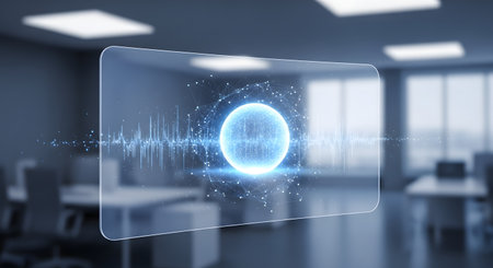 A futuristic hologram of a glowing sphere with a data plexus and audio waveform floats in a modern, blurred office environment. The image illustrates advanced concepts such as artificial intelligence, big data, voice control, and innovative business technology.の素材