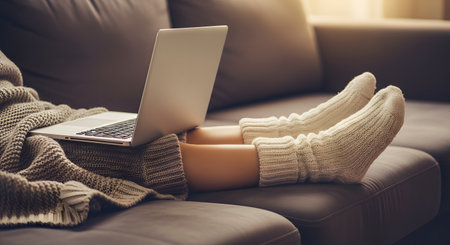 A person is relaxing comfortably on a brown sofa, covered with a knitted blanket and wearing warm, cozy socks. They are working or browsing on a laptop, creating a perfect image of hygge, comfort, and working from home.の素材