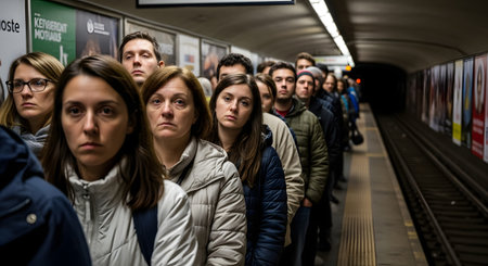 A diverse crowd of people with tired and somber expressions stands in a long line on a subway platform, waiting for a train. The scene captures the monotony and fatigue of daily commuting in an urban environment.の素材
