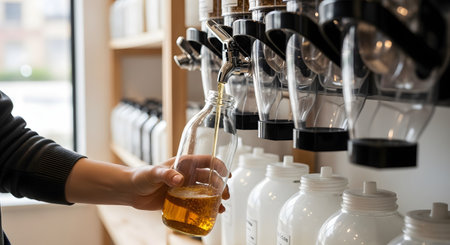 A person holds a reusable glass bottle under a tap, refilling it with a golden liquid like oil or vinegar at a zero-waste store. This action promotes an eco-friendly and sustainable lifestyle by reducing plastic waste through bulk purchasing.の素材
