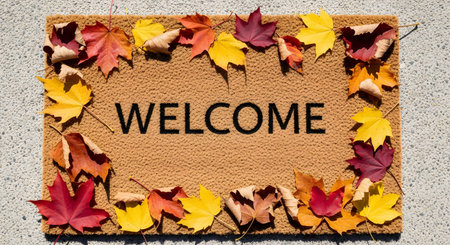 A brown coir doormat with the word 'WELCOME' is seen from a top-down perspective, framed by a border of vibrant red, orange, and yellow autumn maple leaves. The image creates a warm, inviting, and seasonal greeting for a home entrance during the fall.の素材