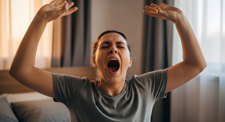 A sleepy woman in a gray t-shirt sitting on her bed, yawning widely with her mouth open and eyes closed. She is stretching her arms up in the air, just after waking up in the morning.の素材