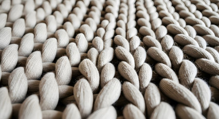 A close-up, angled shot of a beige, chunky-knit blanket. The macro view highlights the large, soft, woven texture of the merino wool yarn. This image represents comfort, coziness, and warmth.の素材