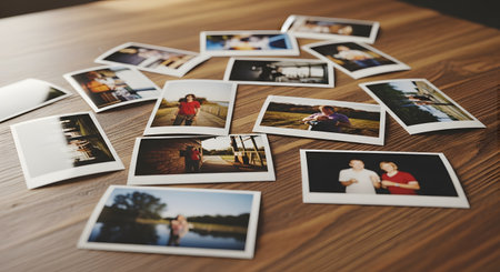 A collection of instant print photographs are scattered across a wooden table. The photos show various candid moments of people, friends, and family, creating a sense of nostalgia and cherished memories. The lighting is warm and sentimental.の素材