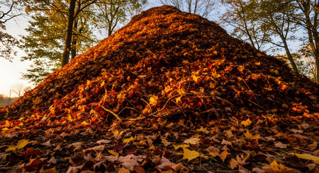 A low-angle view of a massive pile of raked autumn leaves in a park or yard during the golden hour. The leaves are a vibrant mix of red, orange, and yellow, creating a scene that evokes the feeling of fall and seasonal yard cleanup.の素材