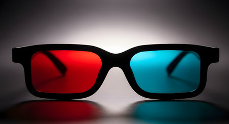 A pair of classic 3D glasses with red and cyan (blue) lenses, shot close-up on a dark, reflective surface. A spotlight from behind creates a bright glow and colorful reflections. This image represents 3D movies, entertainment, and anaglyph technology.の素材