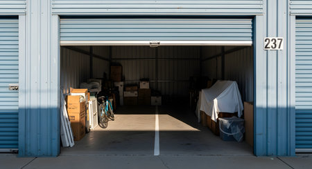 An open, blue, corrugated metal self-storage unit, number 237, filled with boxes, a bicycle, and furniture covered with a white sheet. The unit is partially in shadow and partially in bright sunlight.の素材