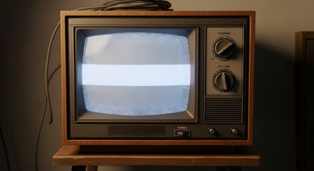 A retro-style television with a wooden casing displays static on its screen, indicating no signal. This vintage electronic device evokes nostalgia for old technology and media from the past.の素材