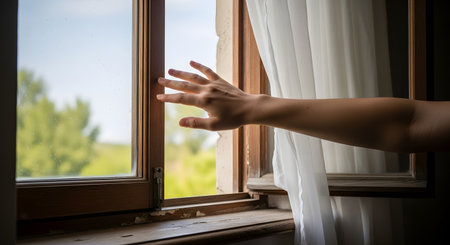 A person's hand and arm reach out of an open, old wooden window, touching the frame. A white sheer curtain billows gently inside, while the view outside shows a blurred green, natural landscape. This image evokes feelings of longing, freedom, or connecting with nature.の素材