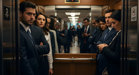 A group of formally dressed business professionals stands silently in a crowded, wood-paneled elevator. Their serious and tired expressions capture the atmosphere of corporate life, the daily commute, and workplace stress.の素材
