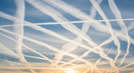 A blue sky crisscrossed by a complex pattern of white airplane contrails, also known as chemtrails. The sun is low on the horizon, casting a warm, golden light on the intersecting vapor trails.の素材