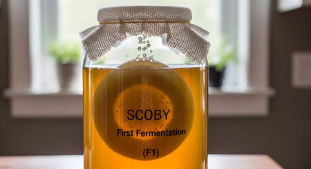 A large glass jar showing the first fermentation (F1) of homemade kombucha, with a label that reads "SCOBY First Fermentation (F1)". A thick, healthy SCOBY floats at the top of the tea, and the jar is covered with a cloth, sitting in a kitchen.の素材