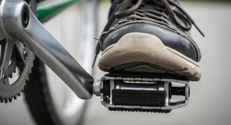A close-up shot of a person's foot, wearing a worn athletic sneaker, pressing down on a metal bicycle pedal. The crank arm and part of the chainring are visible, capturing the action of cycling.の素材