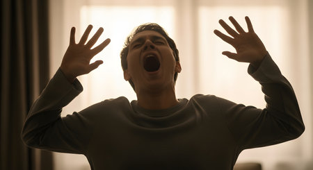 A dramatic silhouette of a young man screaming with his mouth wide open and hands raised, expressing intense agony, despair, or rage. The backlighting creates a powerful and emotional scene about mental health, suffering, and crisis.の素材