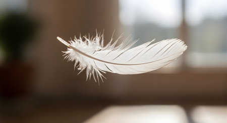 A single, delicate white feather is captured floating gently in the air inside a room, backlit by soft, natural light from a window. The background is blurred, emphasizing the feather's lightness and concepts of purity, gentleness, and peace.の素材