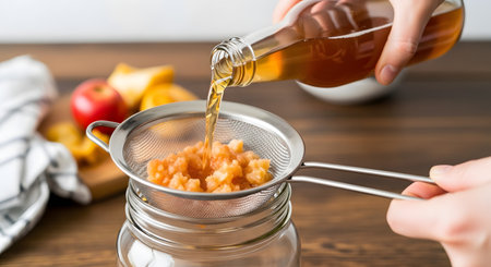 A person is making homemade apple cider vinegar by pouring the fermented liquid and mother culture from a bottle through a fine-mesh sieve into a glass jar. This process illustrates DIY health remedies, natural fermentation, and wellness practices. The scene is set in a clean, bright kitchen.の素材