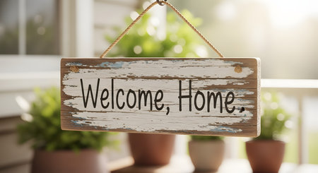 A rustic wooden sign with the words 'Welcome, Home.' hangs on a sunny porch. The sign has a weathered, peeling paint finish, and the background is softly blurred with green potted plants, creating a warm and inviting atmosphere.の素材