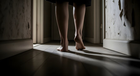 From a low angle, a woman's bare feet are seen walking away down a dark hallway in a dilapidated house with peeling walls. The dramatic lighting and shadows create a suspenseful, mysterious, and frightening atmosphere, suggesting horror or escape.の素材