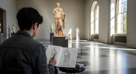 An art student, seen from behind, sits on a stool sketching a classical Roman statue in a large, sunlit museum gallery. The student is drawing in a sketchbook, surrounded by other sculptures and large arched windows that cast shadows on the floor.の素材