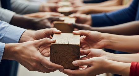 A long line of diverse hands, representing people of different ethnicities, passing a wooden block from person to person. This image powerfully symbolizes teamwork, collaboration, connection, and community.の素材