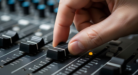 A close-up of a sound engineer's or music producer's hand adjusting a fader on a professional audio mixing console. The action represents sound mixing, recording, audio production, and controlling volume levels in a studio setting.の素材