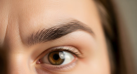 A close-up macro photograph of a woman's brown eye, eyebrow, and forehead. The detailed shot shows the texture of the skin, individual eyebrow hairs, and fine lines or wrinkles, representing vision, beauty, and dermatology.の素材