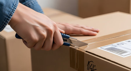 A close-up of a person's hand in a denim shirt using a blue utility knife to cut the tape and open a cardboard box. The box has a shipping label, representing the act of unboxing, receiving a package, or moving.の素材