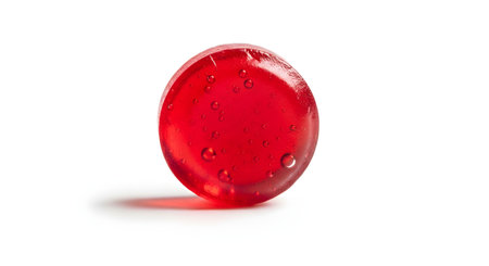 A single piece of round, red hard candy is shown isolated on a clean white background with a soft shadow. The translucent candy has small air bubbles trapped inside, highlighting its sugary texture.の素材