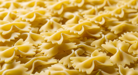 A close-up macro background of uncooked, dry farfalle pasta, also known as bow-tie pasta. The yellow, butterfly-shaped pasta pieces are piled together, showing their texture and shape.の素材