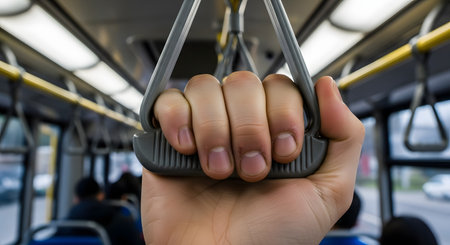 A close-up shot of a passenger's hand firmly gripping a gray plastic handle inside a public bus or subway train. The blurred background of the vehicle's interior depicts the daily routine of commuting, public transportation, and urban life.の素材
