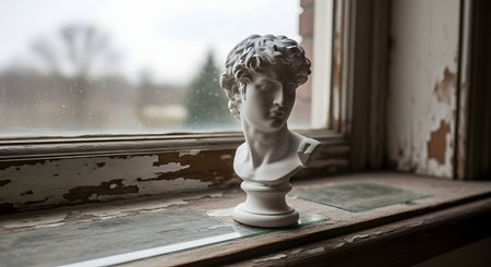 A small white plaster bust of Michelangelo's David sits on a weathered, decaying windowsill with cracked and peeling paint. This artistic still life creates a contemplative and melancholic mood, blending classical art with urban decay.の素材