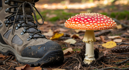 A sturdy, muddy hiking boot is shown on the forest floor next to a vibrant red-and-white fly agaric mushroom (Amanita muscaria). The scene captures the essence of hiking, nature exploration, and the enchanting beauty of the autumn woods.の素材