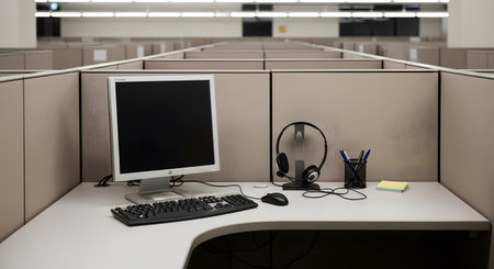 An empty corporate office space with rows of uniform cubicles, each equipped with a computer, keyboard, and headset. The scene depicts a modern call center or office environment, suggesting concepts like corporate life, unemployment, or remote work.の素材