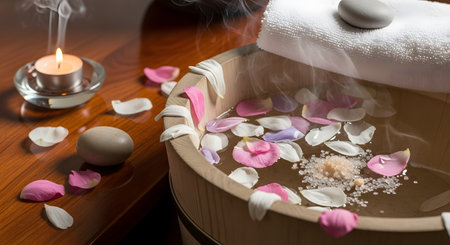 A serene spa setting featuring a wooden bowl for a foot bath, filled with steaming water, bath salts, and floating pink and white flower petals. A lit candle, a smooth stone, and a rolled towel are placed on the wooden surface nearby. This image evokes relaxation and wellness.の素材