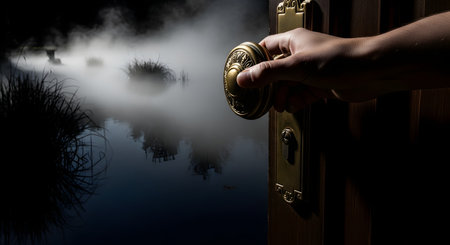 A person's hand turns an ornate brass doorknob, opening a wooden door to reveal a mysterious, foggy swamp or pond at night. The surreal, dark scene evokes feelings of fear, suspense, and stepping into the unknown.の素材