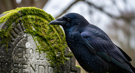 A large, sleek black crow (or raven) is perched beside an ancient, moss-covered gravestone in a cemetery. The image has a dark, gothic, and mysterious atmosphere, evoking themes of death, mourning, and the macabre, suitable for Halloween.の素材